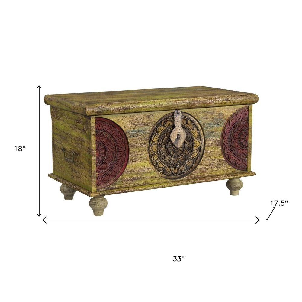 33" Brown and Green Wood Distressed Coffee Table HomeRoots