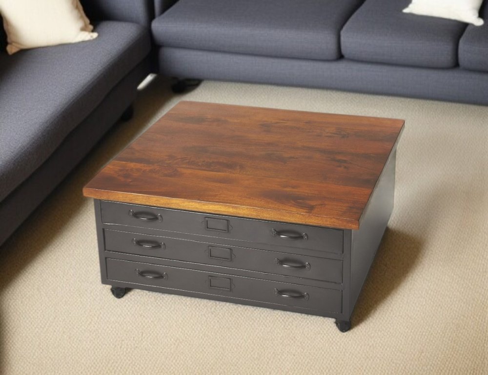 36" Brown and Gray Solid Wood and Metal Square Coffee Table With Three Drawers HomeRoots