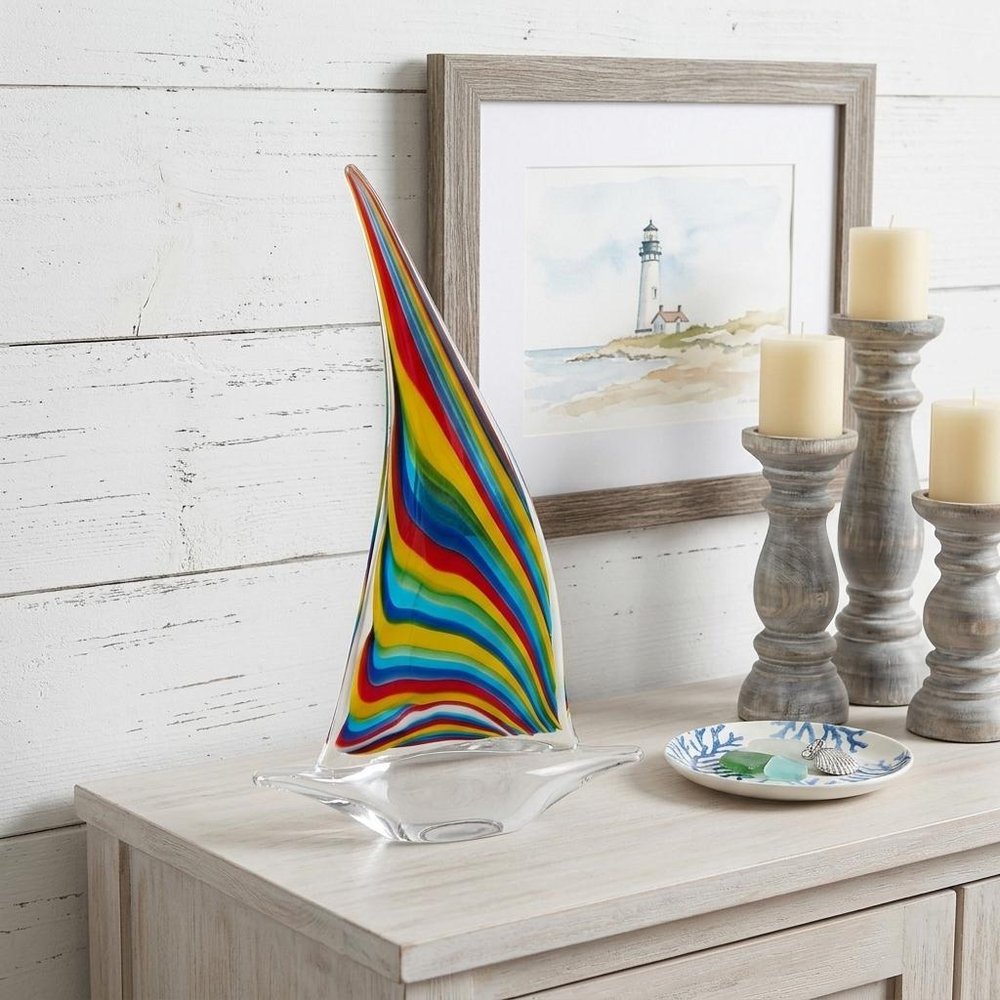 14" Clear Red Blue Yellow Murano Glass Sailboat Tabletop Sculpture HomeRoots
