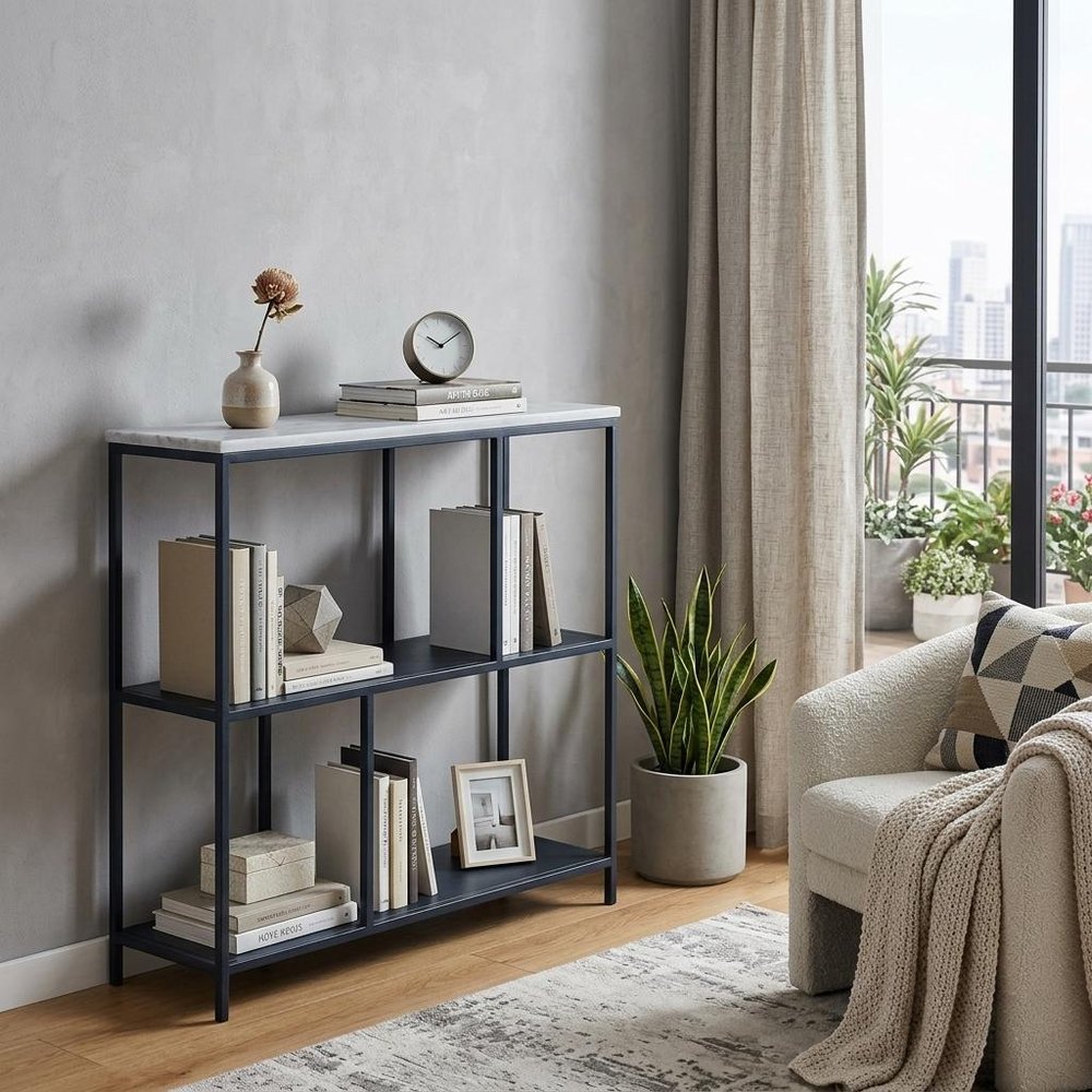 30" Black and White Iron Three Tier Geometric Bookcase HomeRoots