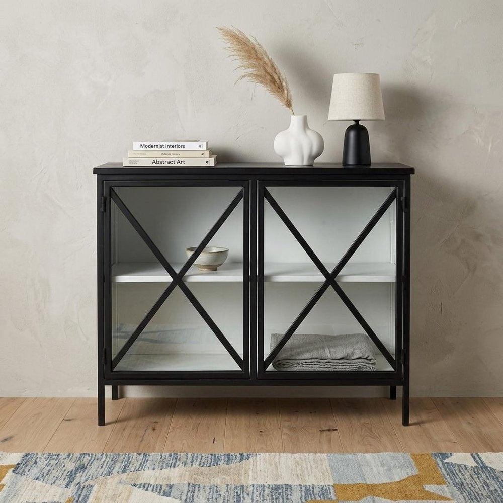 41" Black Iron Sideboard with Two Glass Doors HomeRoots