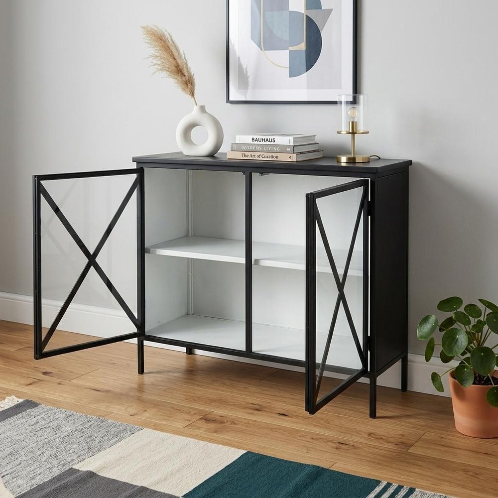 41" Black Iron Sideboard with Two Glass Doors HomeRoots