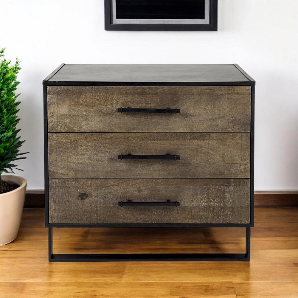 20" Brown and Black Distressed Accent Cabinet With Three Drawers HomeRoots