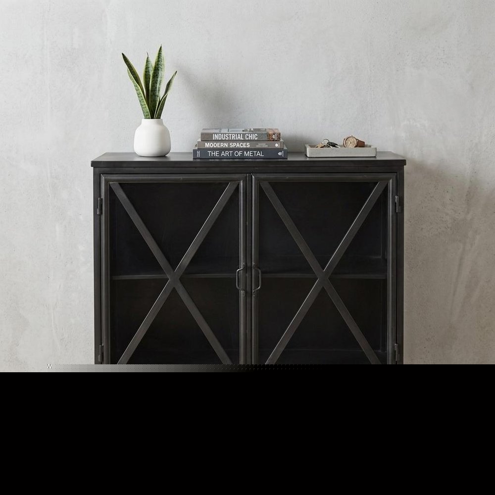 40" Black Iron Sideboard with Two Glass Doors HomeRoots