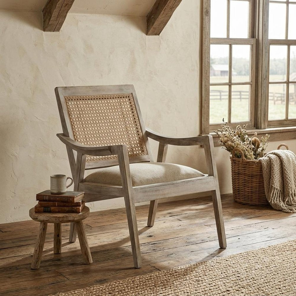 28" Cream and Natural Fabric Distressed Arm Chair HomeRoots
