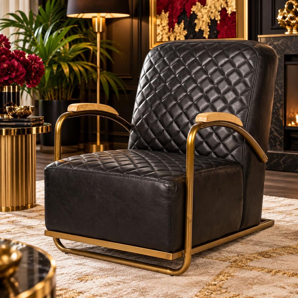 36" Black and Gold Leather Lounge Chair