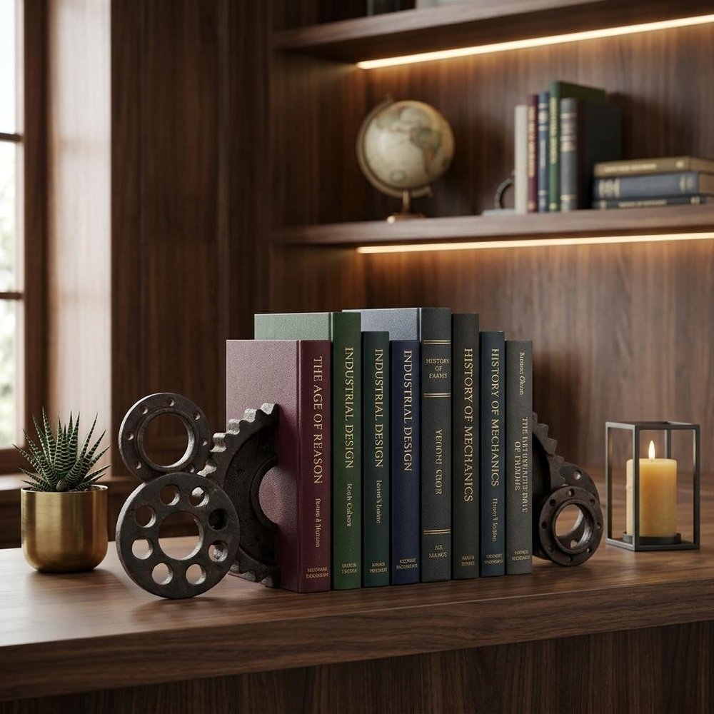 Set of Two Matte Black Industrial Cog Bookends HomeRoots