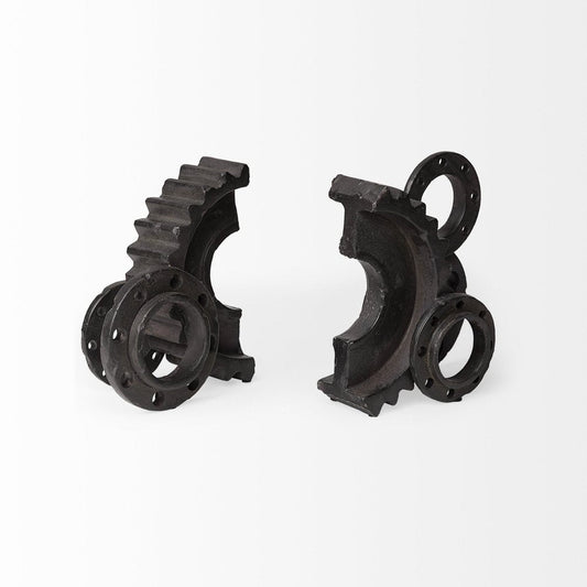 Set of Two Matte Black Industrial Cog Bookends HomeRoots