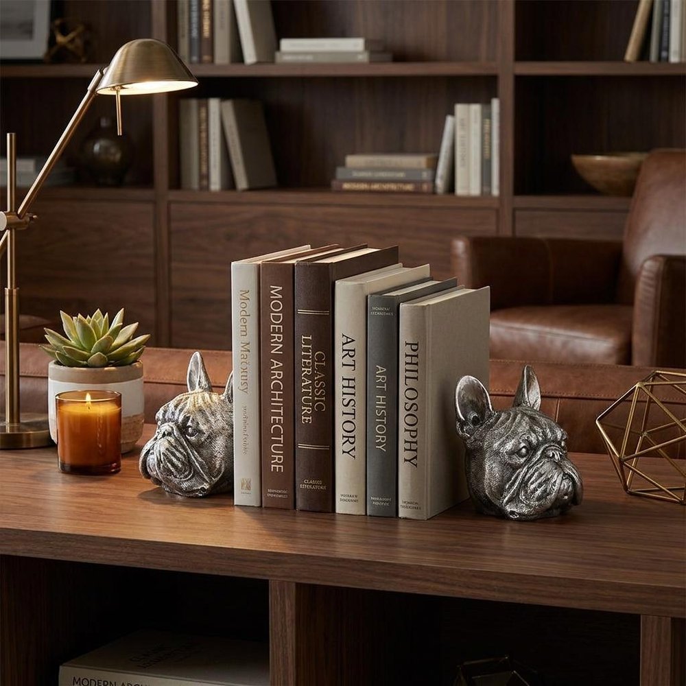 Set of Two 6" Silver Metal Dog Decorative Bookends HomeRoots
