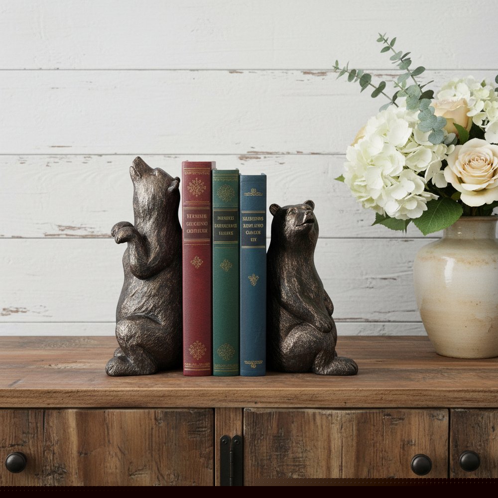 Set of Two Gray Resin Bear Decorative Bookends HomeRoots