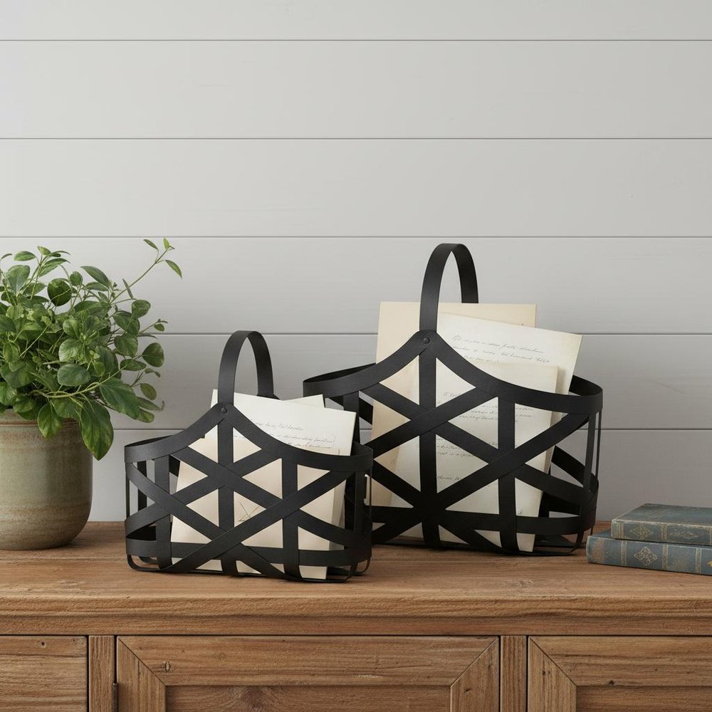 Set Of Two Black Geometric Metal Baskets HomeRoots