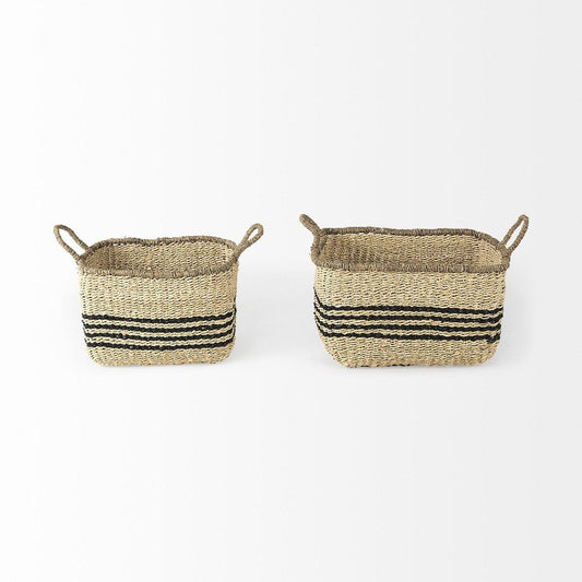 Set of Two Natural And Black Rattan Basket HomeRoots