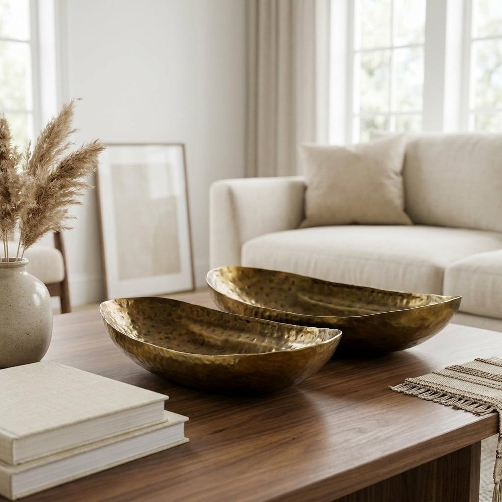 Set of Two Gold Hammered Metal Boat Shaped Decorative Bowls HomeRoots