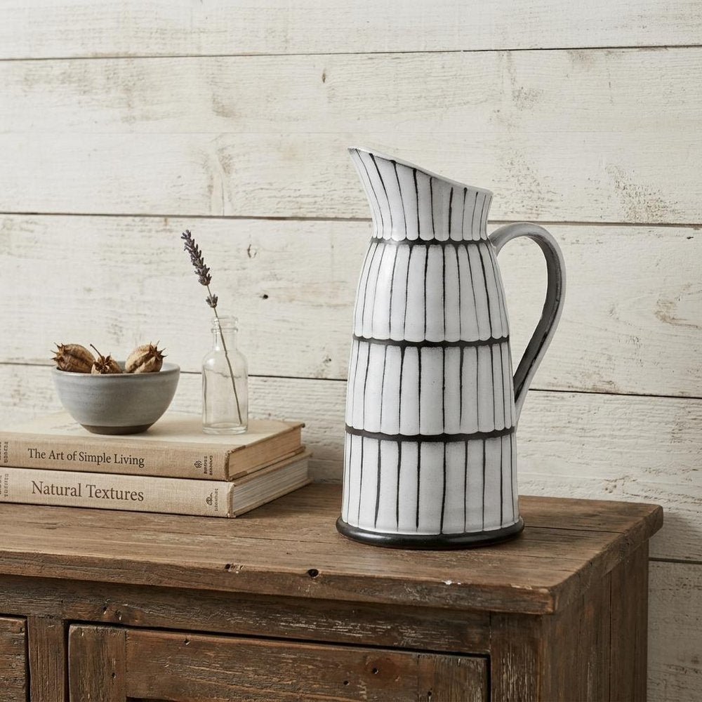 13" Black And White Ceramic Cylinder Jug Vase With Sculptural Details HomeRoots