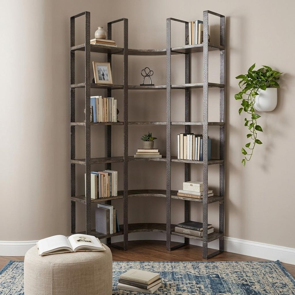 Brown Iron and Solid Wood Six Tier Bookcase HomeRoots