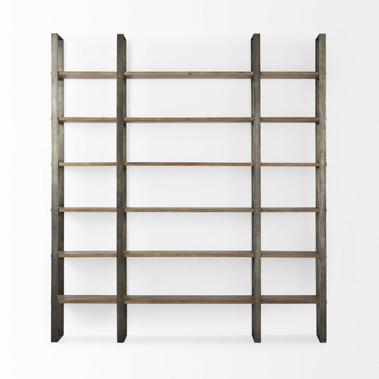 Brown Nickel and Solid Wood Six Tier Bookcase HomeRoots
