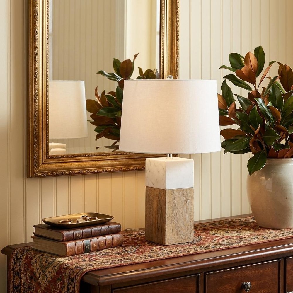 White Marble And Natural Wood Block Table Or Desk Lamp HomeRoots
