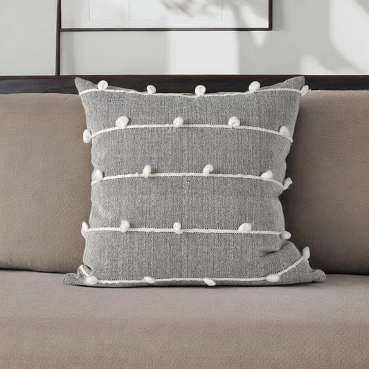 20" Gray and White Striped Linen Throw Pillow Cover With Embroidery and Pom Poms FurniFindUSA