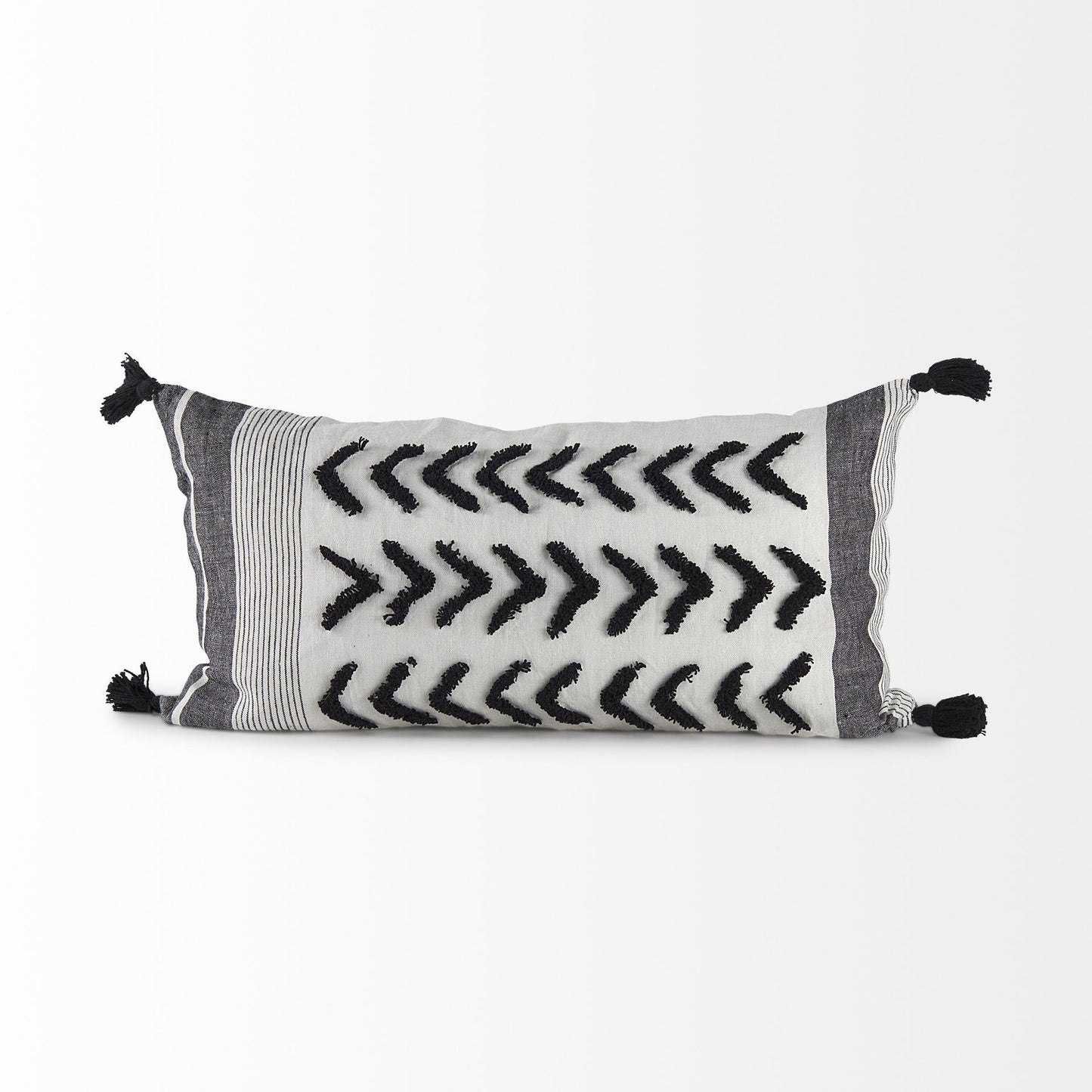 White And Gray Fringed Lumbar Pillow Cover FurniFindUSA