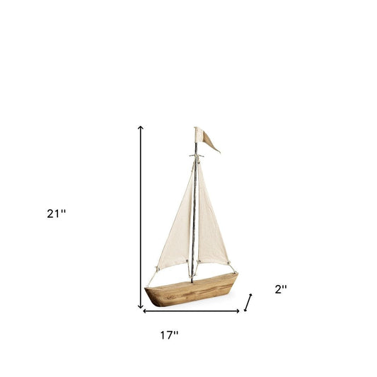 21" Brown And Natural Wood Metal And Fabric Sailboat Tabletop Sculpture HomeRoots