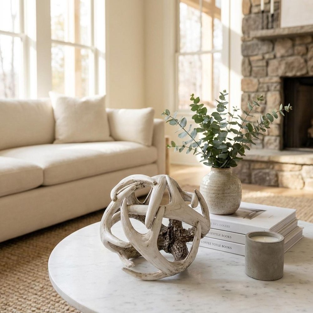 5" Off White And Brown Resin Faux Antler Decorative Orb HomeRoots