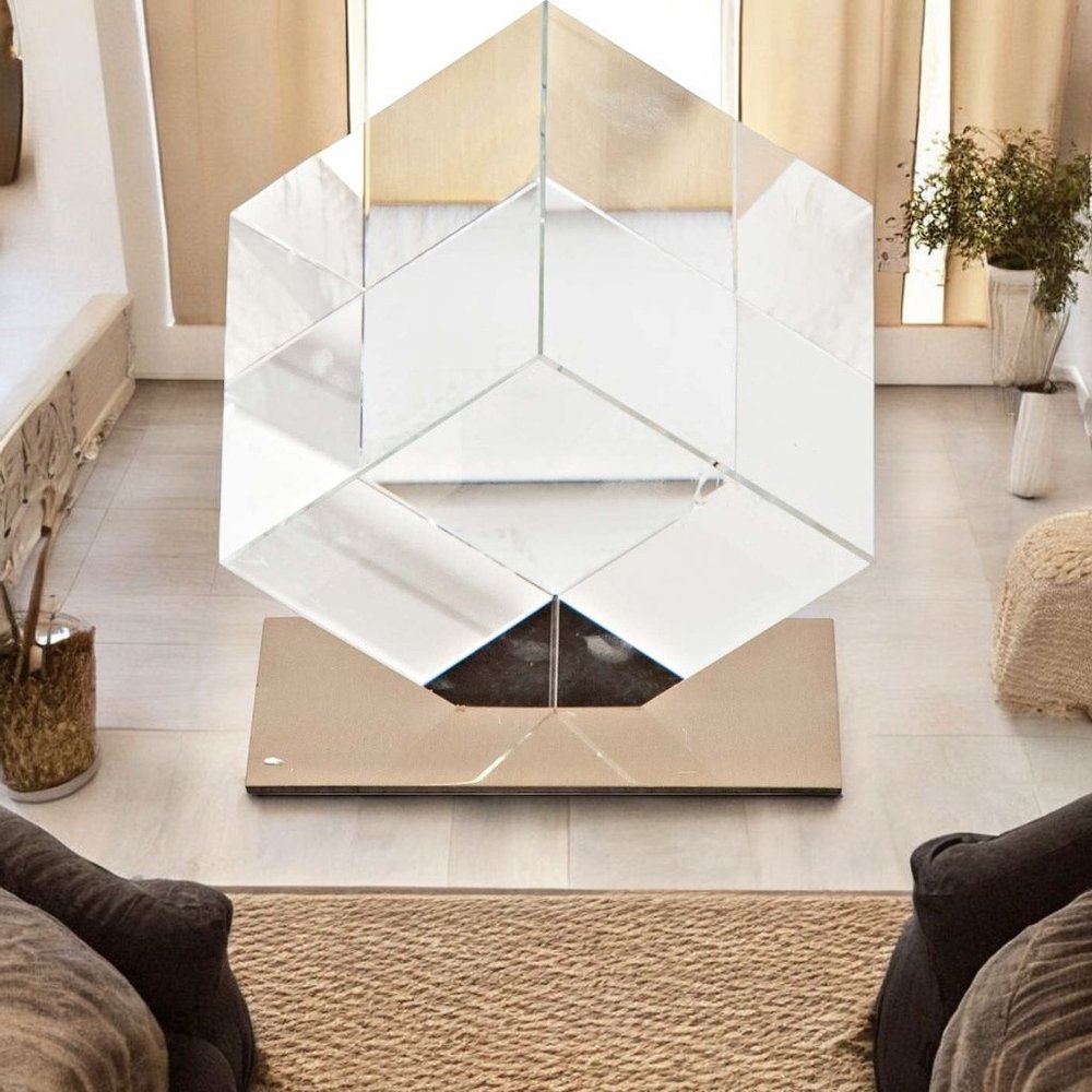 6" Optical Glass Cube And Gold Sculpture HomeRoots