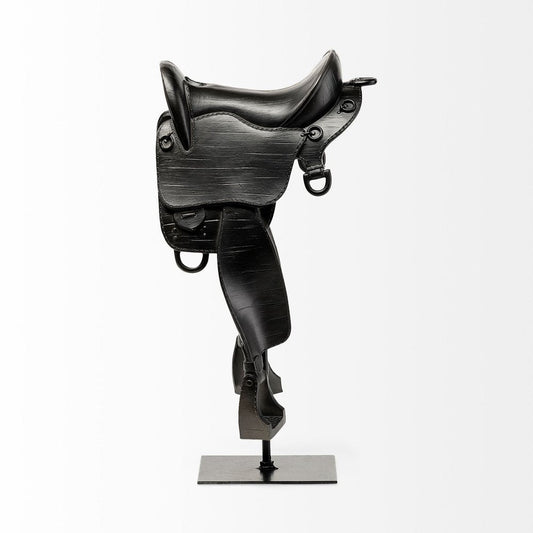 17" Black Metal And Resin English Horse Saddle Tabletop Sculpture