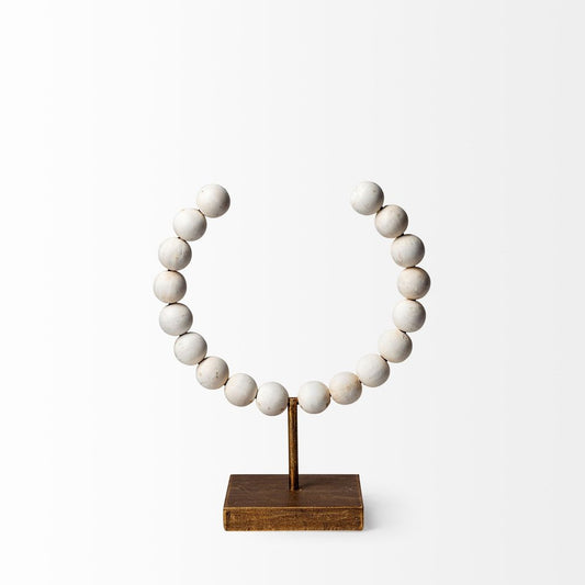 12" White and Gold Wood and Metal Abstract Beaded Tabletop Sculpture HomeRoots