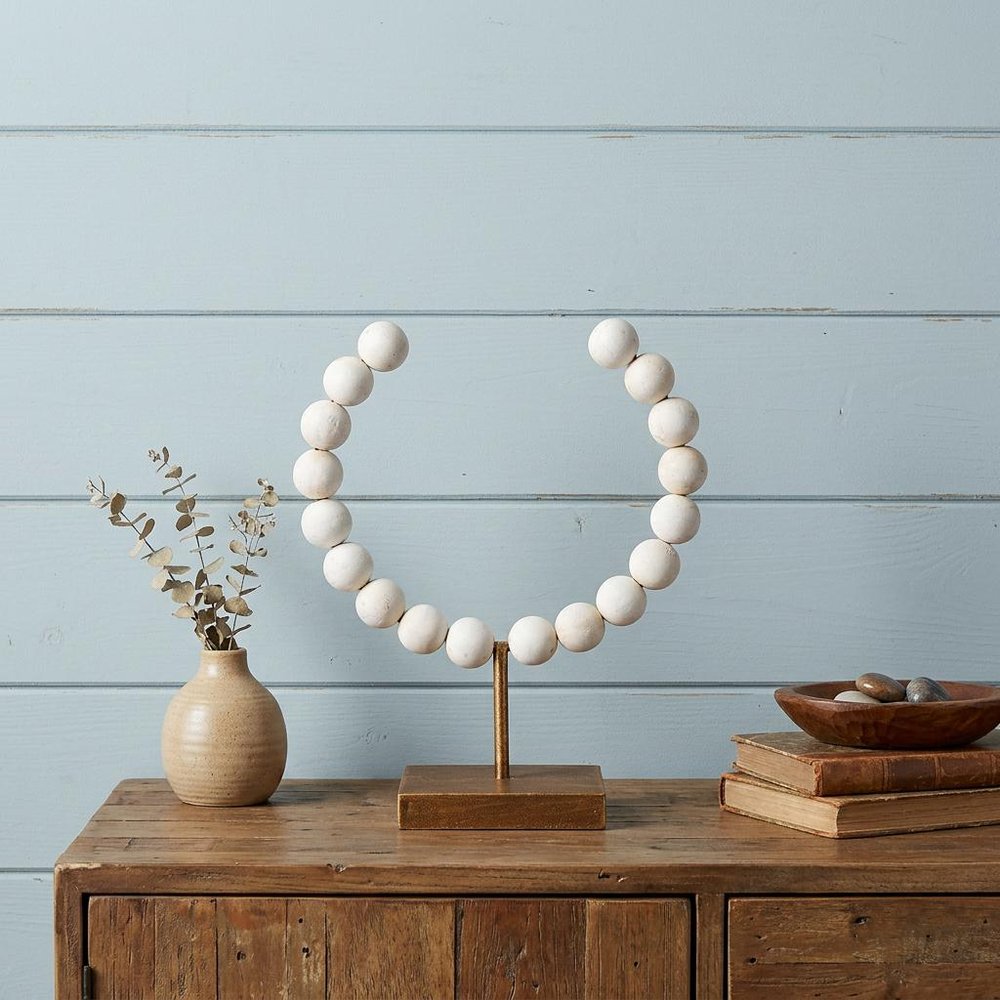 12" White and Gold Wood and Metal Abstract Beaded Tabletop Sculpture HomeRoots