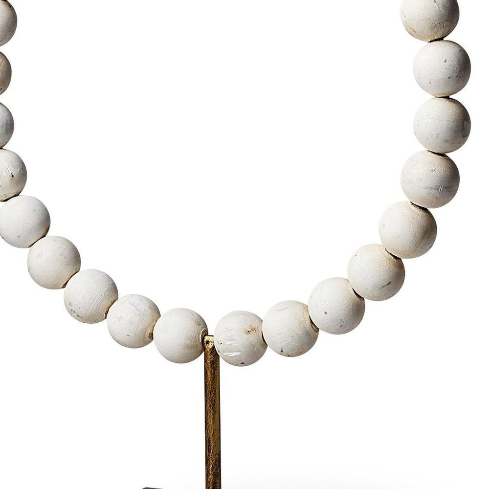 16" White and Gold Wood and Metal Abstract Beaded Tabletop Sculpture HomeRoots