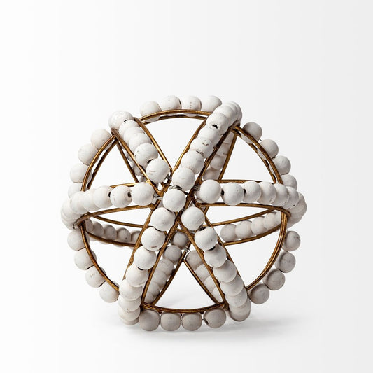 9" White And Gold Wooden Bead And Metal Orb Sculpture HomeRoots