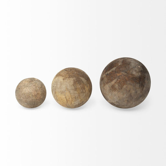 Set of Three 5" Brown Solid Wood Decorative Orb HomeRoots