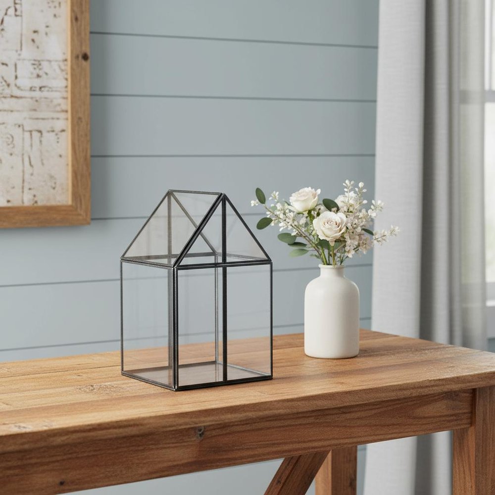 8" Clear And Black Glass And Metal Terrarium House Organizing Box HomeRoots