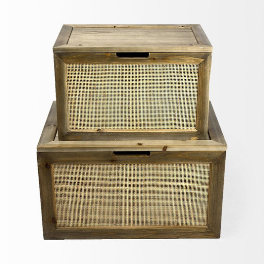 Set of Two Brown And Natural Cane And Solid Wood Box With Lid