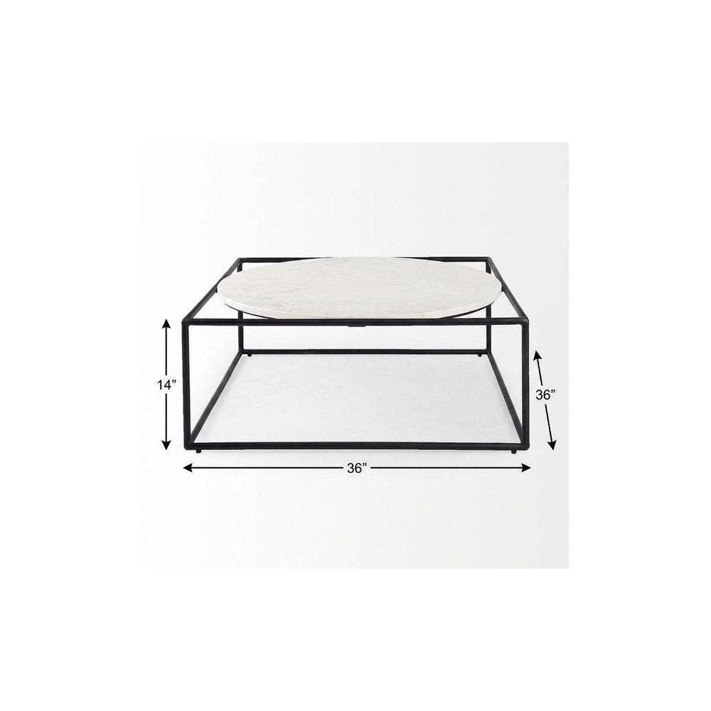 36" White and Black Genuine Marble and Metal Square Frame Coffee Table HomeRoots