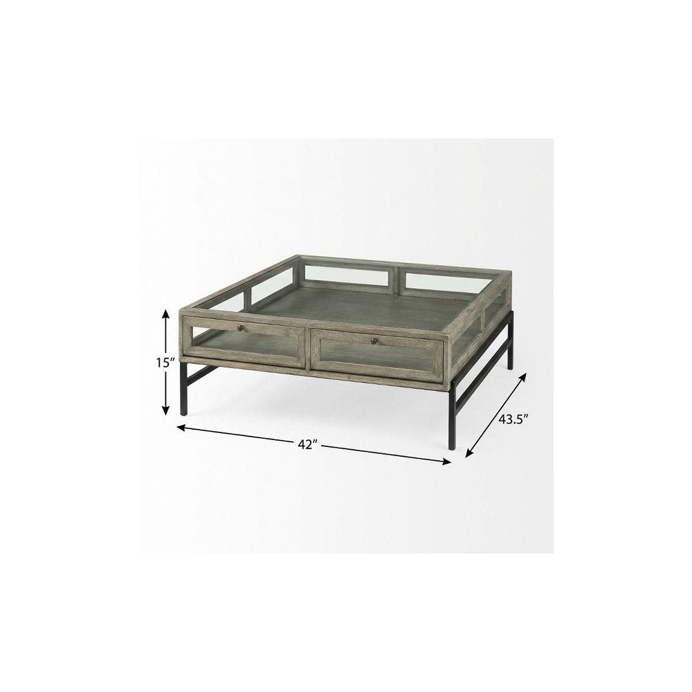 42" Gray and Black Glass and Metal Square Coffee Table With Shelf HomeRoots