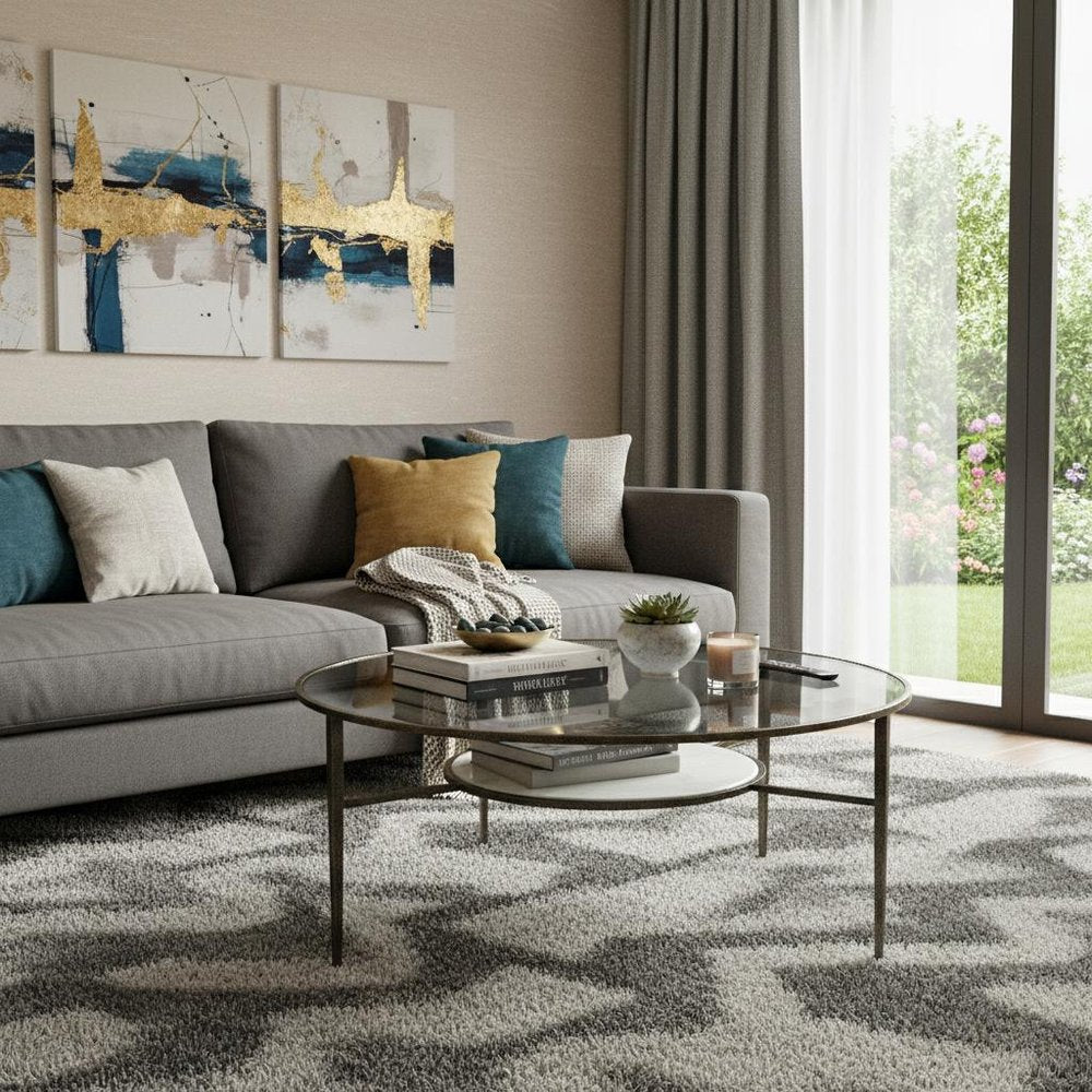 36" Clear and Bronze Glass and Metal Round Coffee Table With Shelf HomeRoots