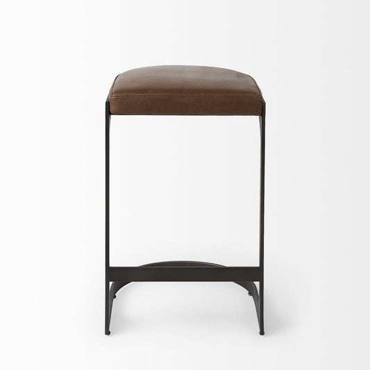 29" Brown And Black Leather And Genuine Leather And Metal Backless Counter Height Bar Chair HomeRoots