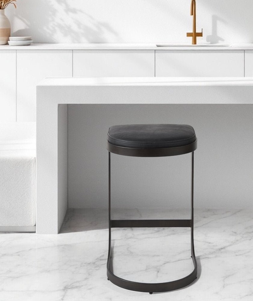 29" Black Faux Leather and Metal Backless Bar Chair HomeRoots