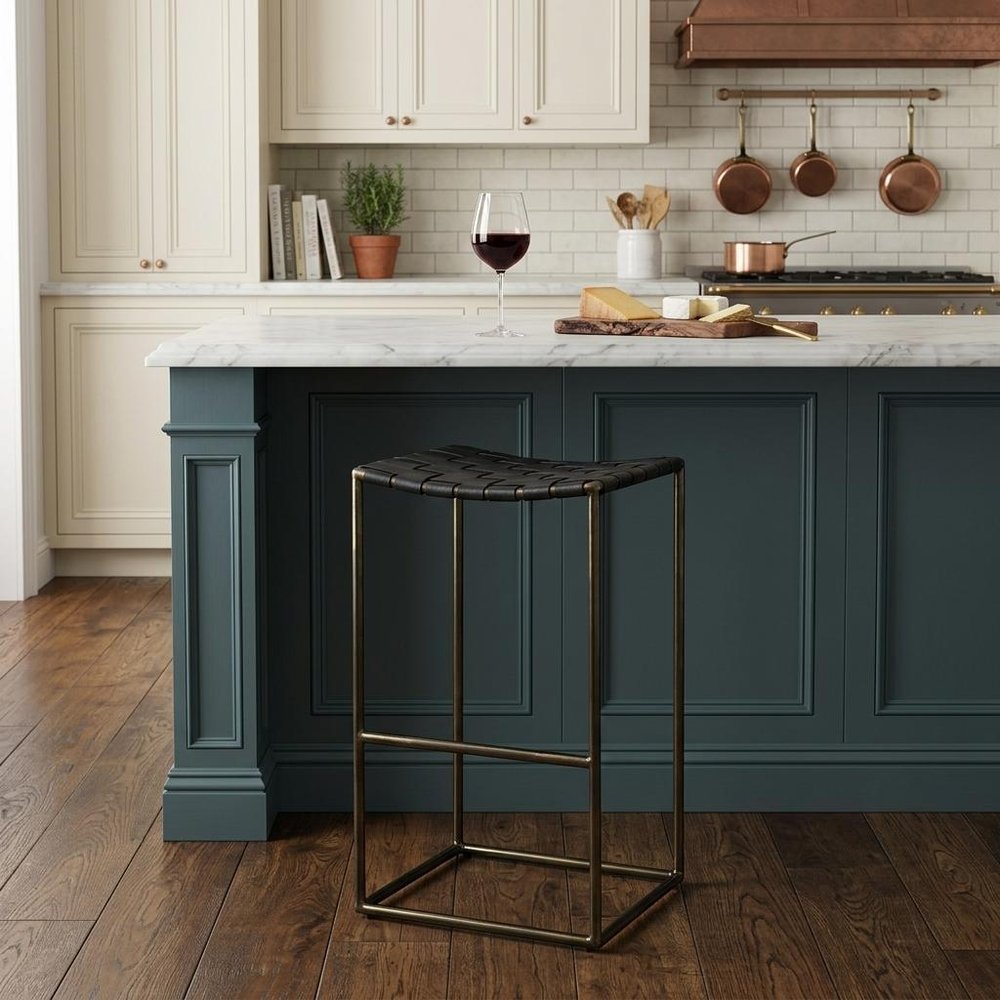 35" Brown and Black Leather and Iron Backless Counter Height Bar Chair HomeRoots