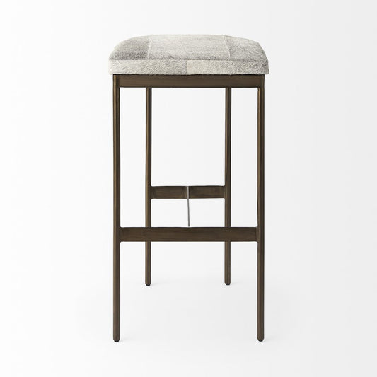 35" Gray And Gold Leather And Hair on Hide Leather And Metal Backless Counter Height Bar Chair HomeRoots
