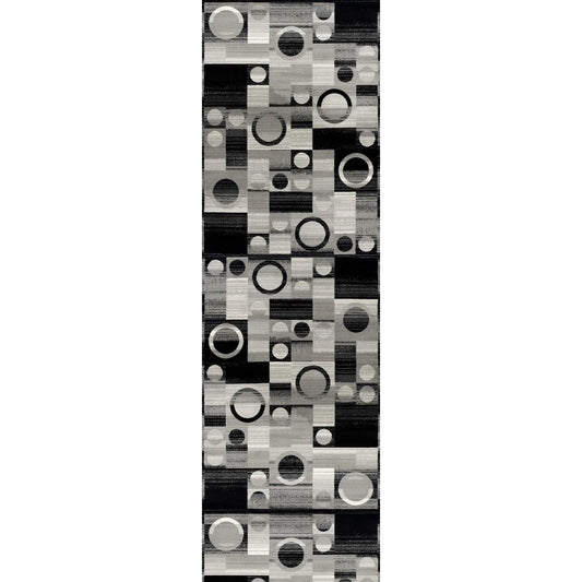 10' Black Gray and White Geometric Power Loom Distressed Runner Rug - 26.0" (L) x 120.0" (W) x 1.0" (H) FurniFindUSA