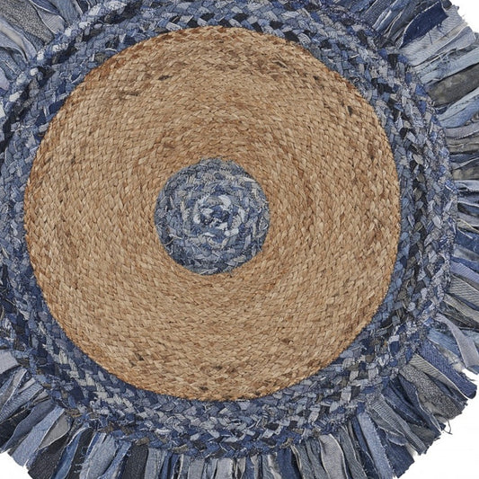Denim And Natural Jute Fringed Round Rug - 66.0" (H) x 66.0" (W) x 0.5" (D) FurniFindUSA