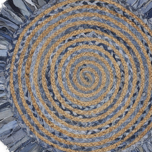 Denim And Natural Jute Round Swirl Fringed Rug FurniFindUSA