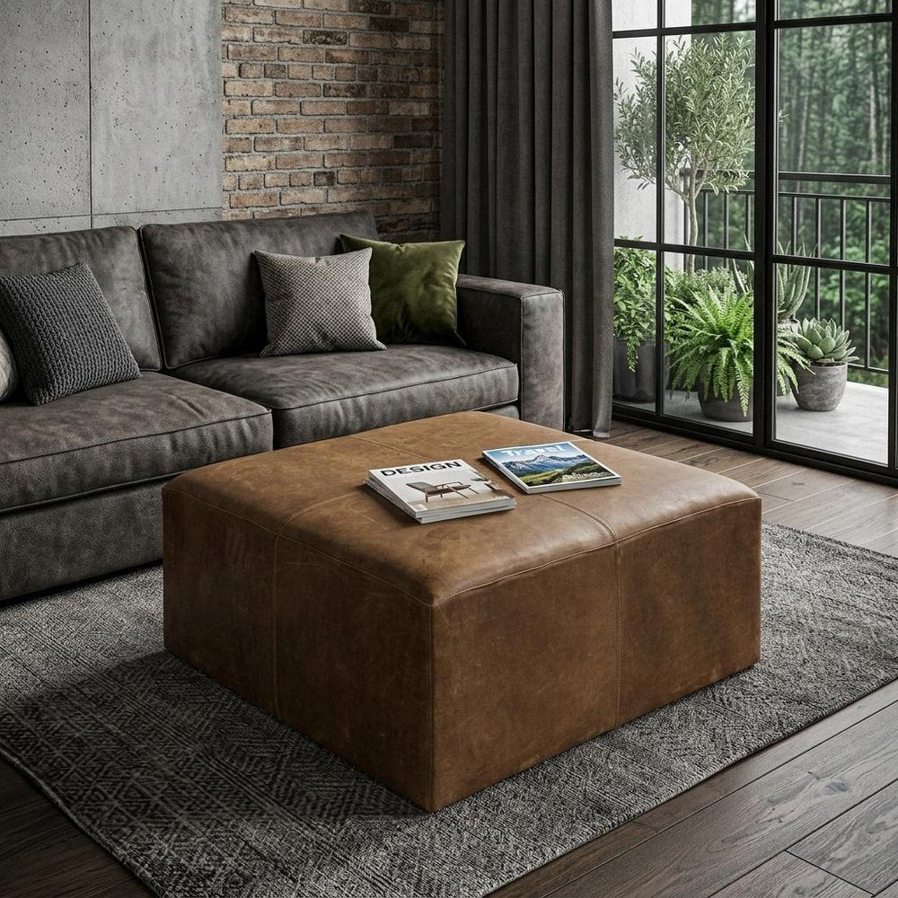 36" Brown Genuine Leather Cube Ottoman HomeRoots