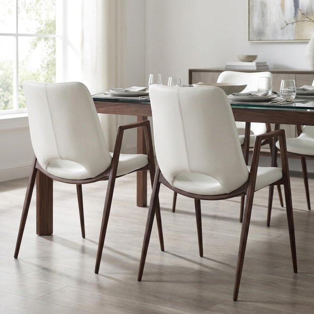 Set of Two White and Brown Upholstered Faux Leather Open Back Dining Arm Chairs HomeRoots