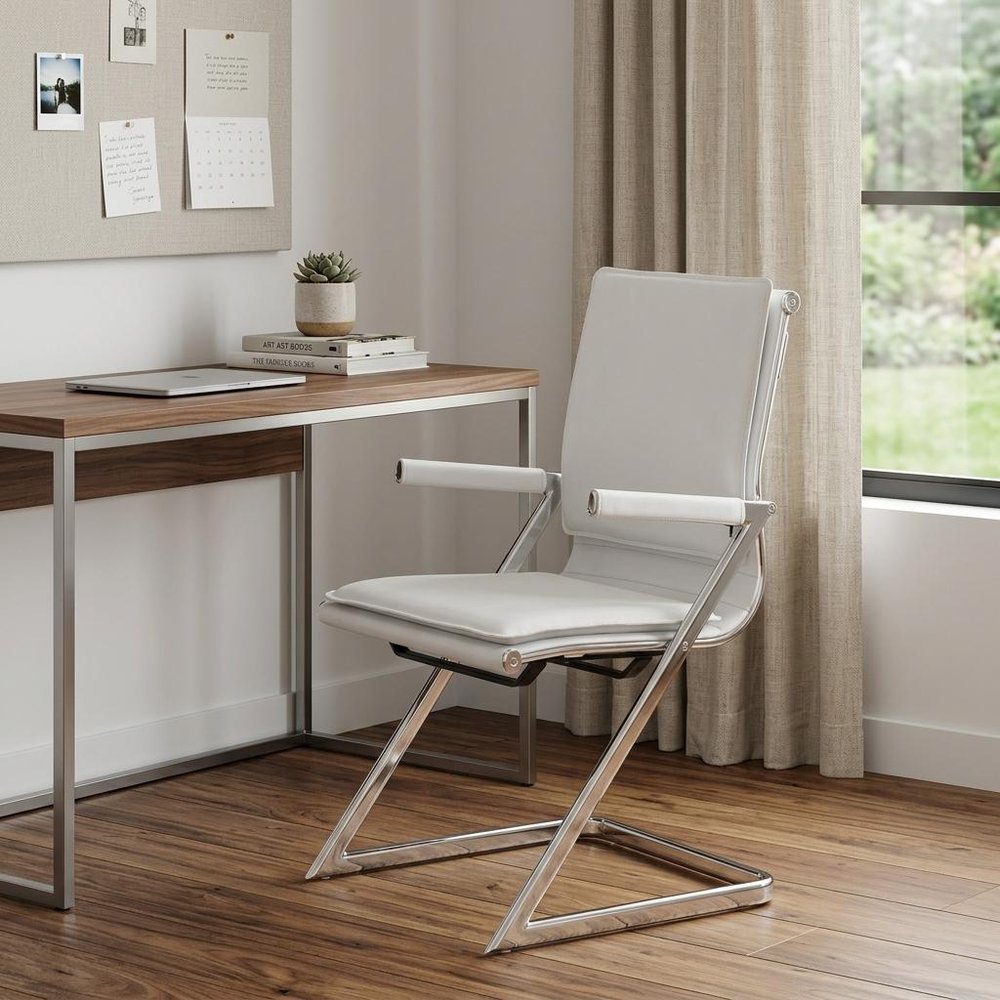 Set of Two White and Silver Faux Leather Conference Office Chair HomeRoots