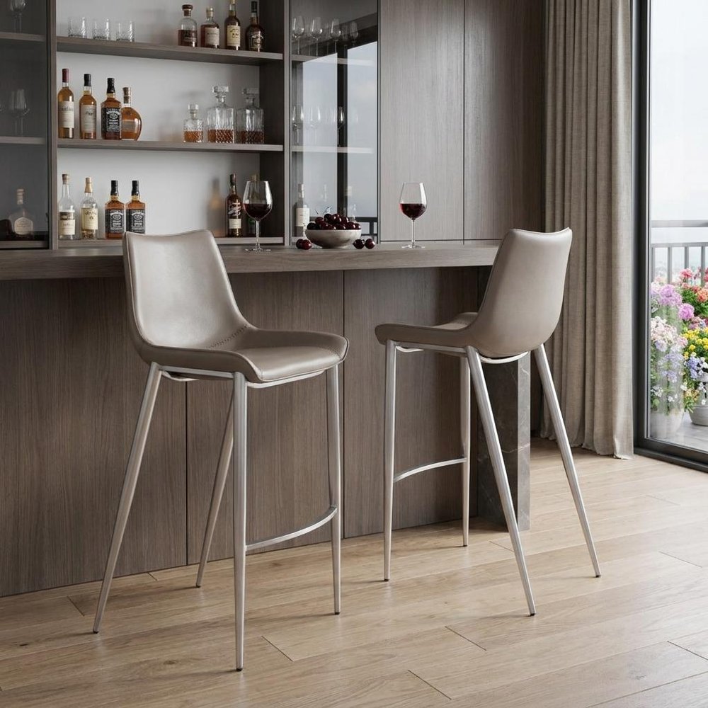Set of Two 30" Gray And Silver Faux Leather And Steel Low Back Bar Height Bar Chairs HomeRoots