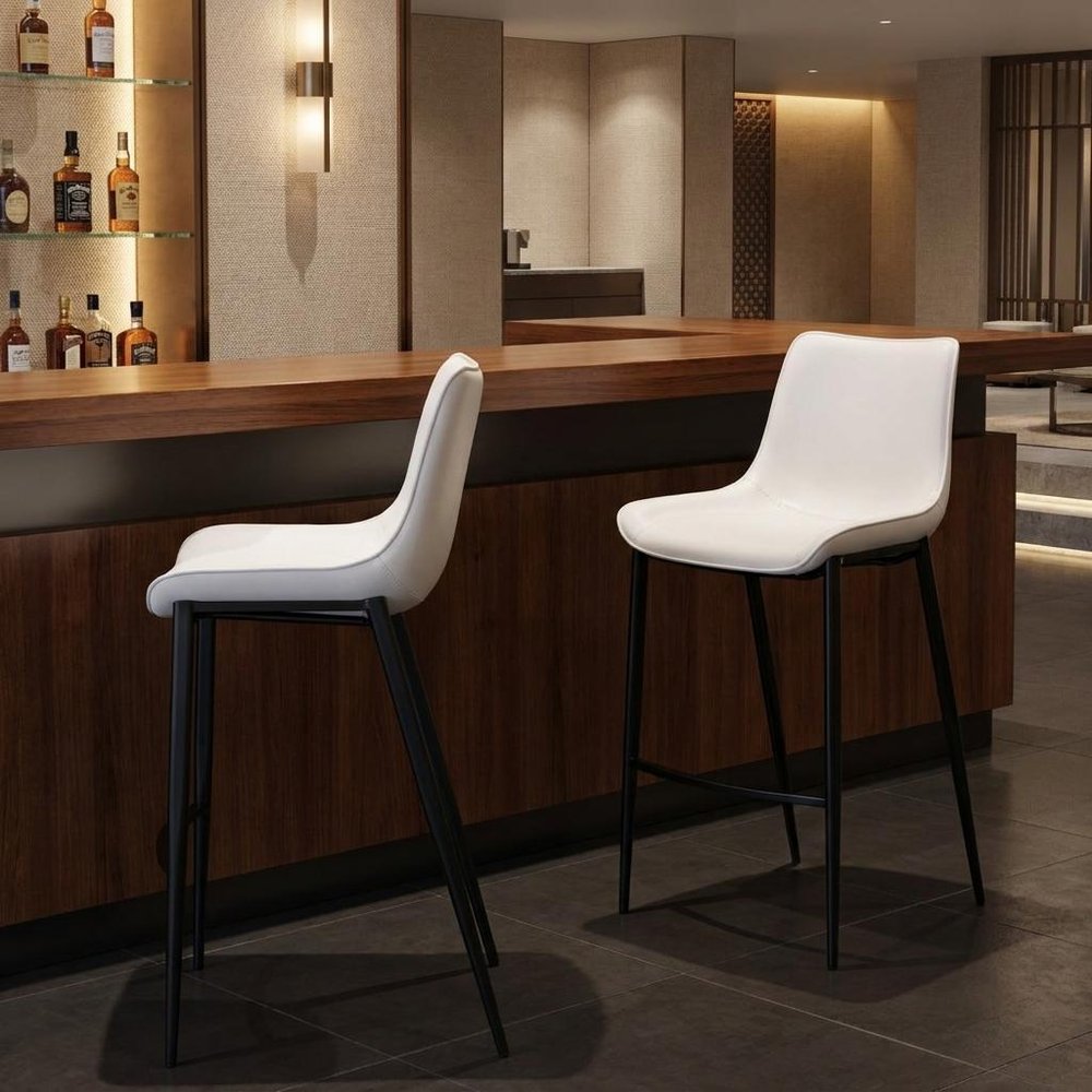 Set of Two 30" White And Silver Faux Leather And Steel Low Back Bar Height Bar Chairs HomeRoots
