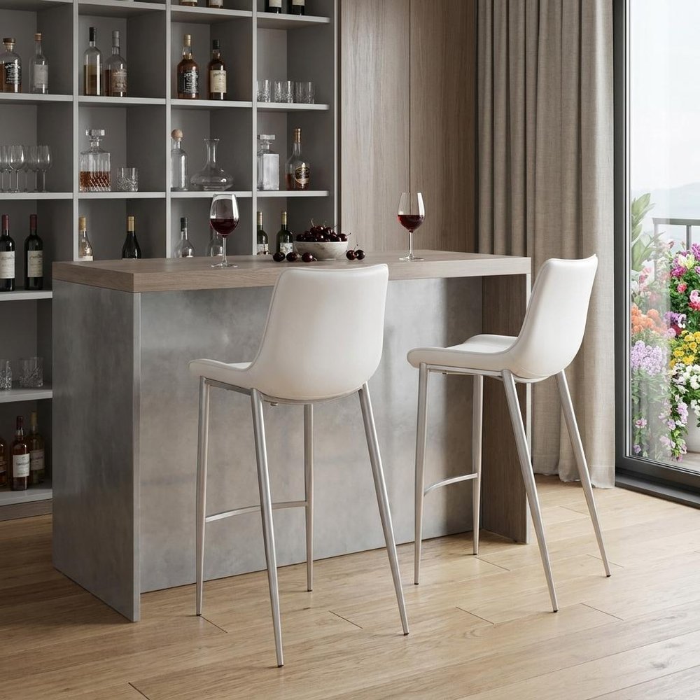Set of Two 30" White And Silver Faux Leather And Steel Low Back Bar Height Bar Chairs HomeRoots